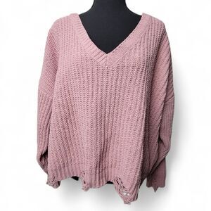 Hazel Moon Womens Distressed Sweater 2X Knit Pullover Plus Size Pink Y2K Cropped